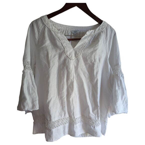 Crown & Ivy Women's M White Linen Blend Quarter Sleeve Bell Sleeve Summer Blouse - Picture 3 of 16